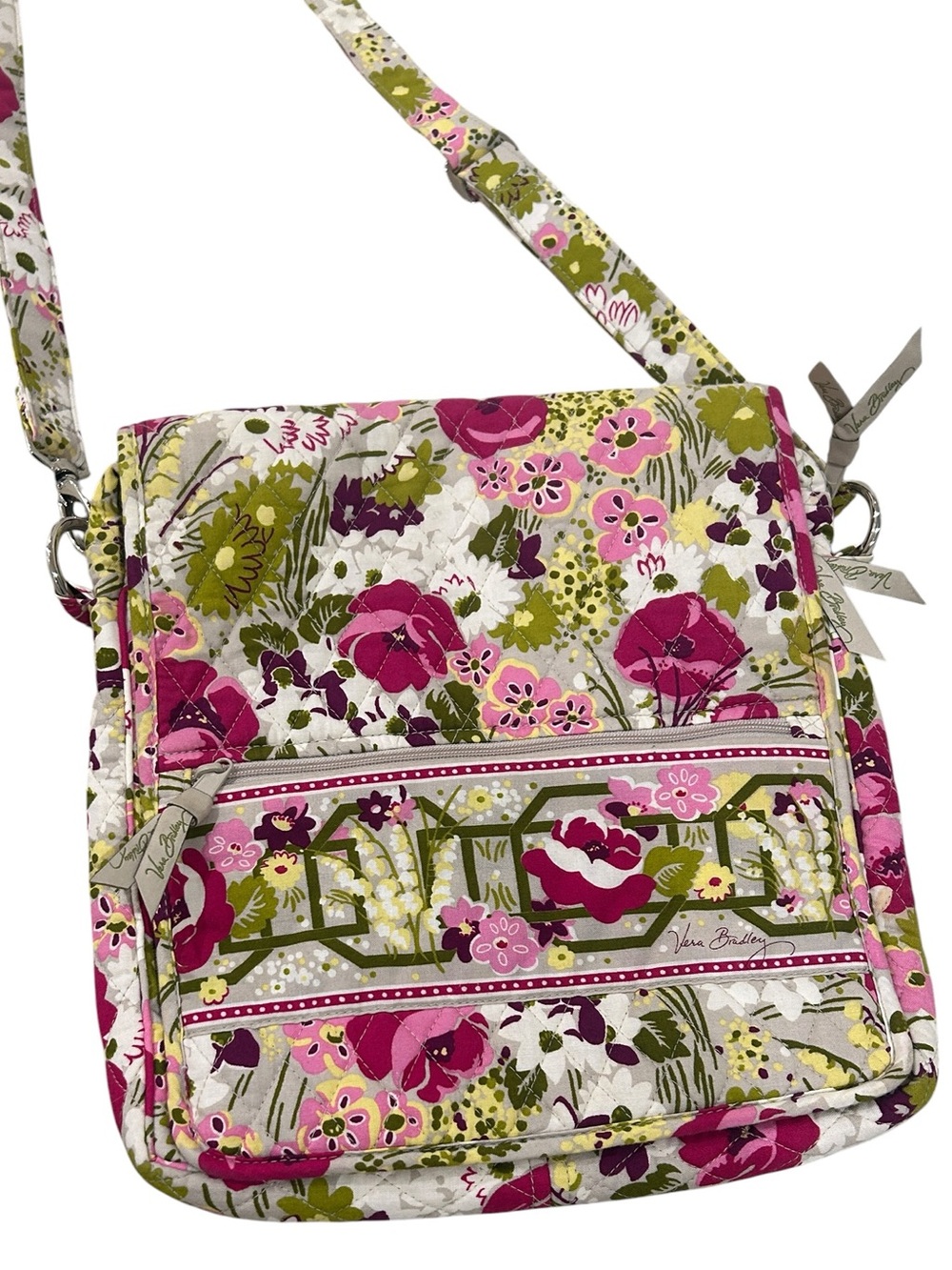 Vera Bradley Cream Crossbody flap over Pink & Green Floral adjustable strap - Picture 2 of 12